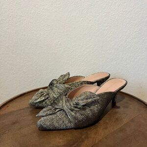 Loeffler Randall Pewter Gold Metallic Jade Bow Mule Heels Women's Size 9